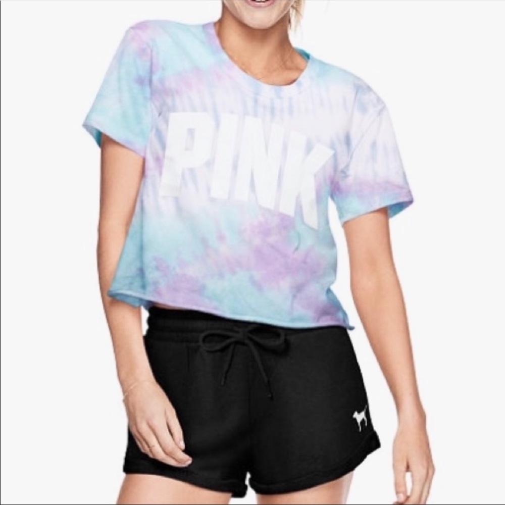 Victoria’s Secret Pink tie dye cropped tee pink tee blue purple white t-shirt